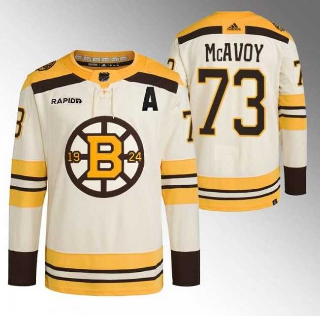 Men's Boston Bruins #73 Charlie McAvoy Cream With Rapid7 Patch 100th Anniversary Stitched Jersey Dzhi